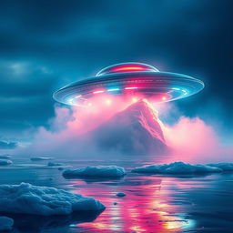 A realistic and captivating movie poster depicting a UFO partially exposed in the Arctic ice