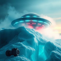 A realistic and captivating movie poster depicting a UFO partially exposed in the Arctic ice