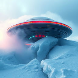 A realistic and captivating movie poster depicting a UFO partially exposed in the Arctic ice