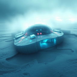 A realistic and captivating movie poster featuring a UFO buried beneath the Arctic ice