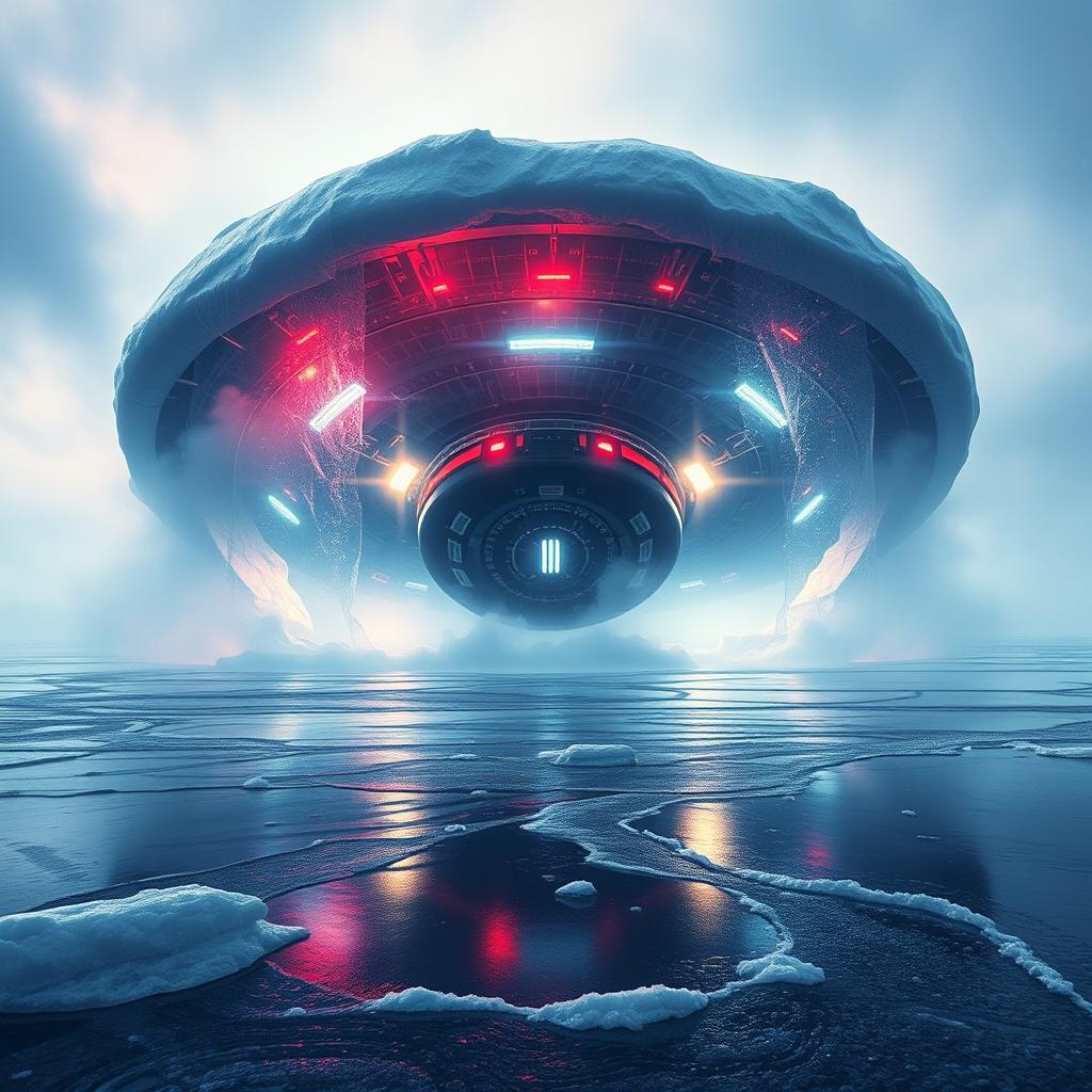 A realistic and captivating movie poster featuring a UFO buried beneath the Arctic ice