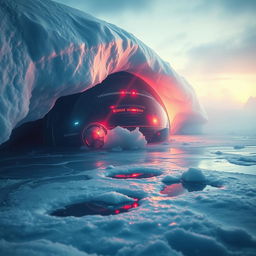 A realistic and captivating movie poster featuring a UFO buried beneath the Arctic ice