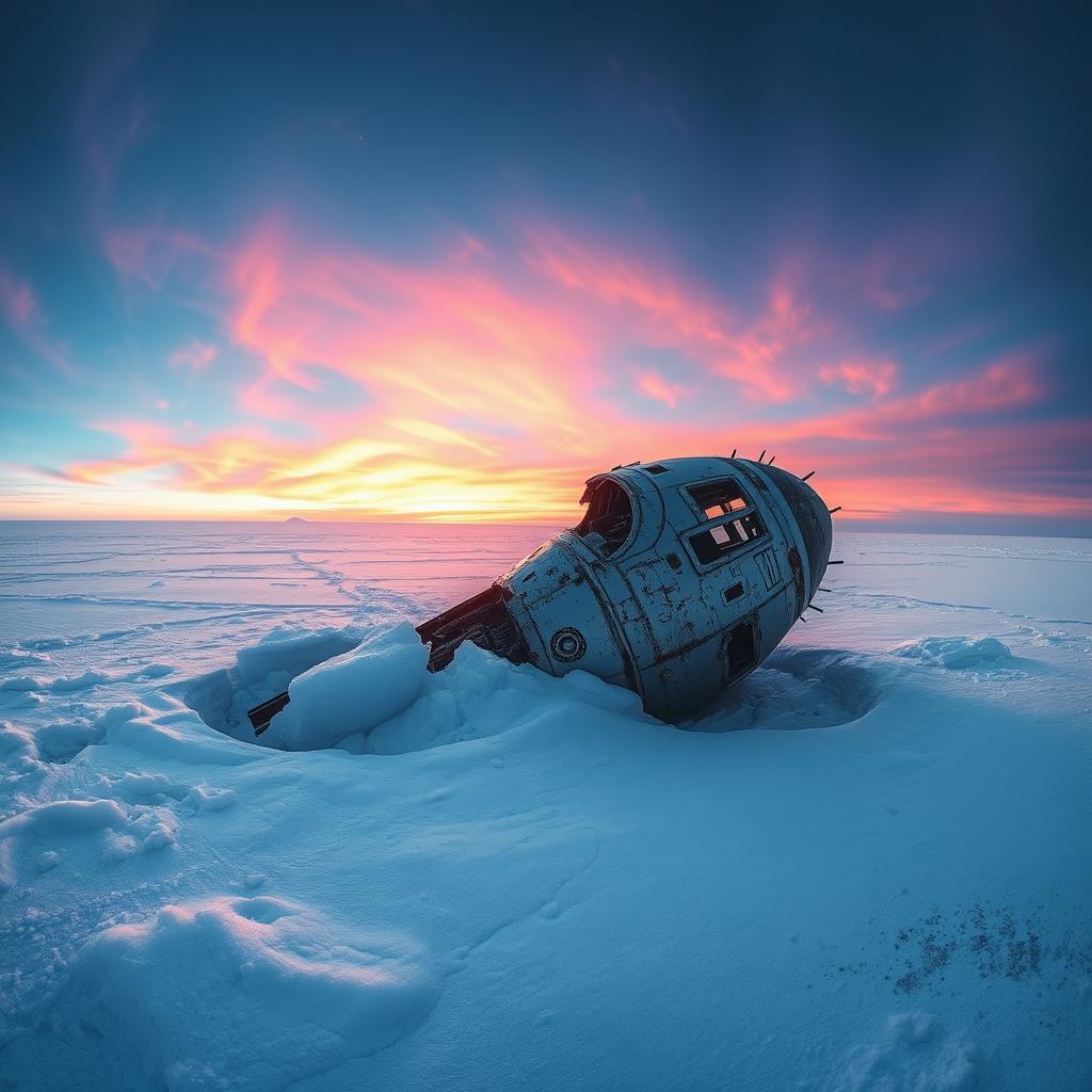 A panoramic view captures a crashed dead UFO, partially buried in the vast arctic ice, creating a scene of dramatic intrigue fit for a captivating movie poster