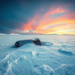 A panoramic view captures a crashed dead UFO, partially buried in the vast arctic ice, creating a scene of dramatic intrigue fit for a captivating movie poster