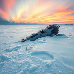 A panoramic view captures a crashed dead UFO, partially buried in the vast arctic ice, creating a scene of dramatic intrigue fit for a captivating movie poster