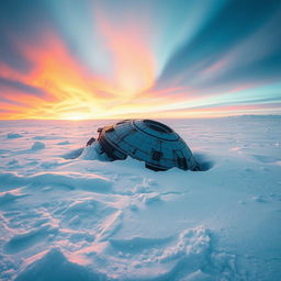 A panoramic view captures a crashed dead UFO, partially buried in the vast arctic ice, creating a scene of dramatic intrigue fit for a captivating movie poster