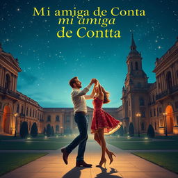 Poster for the movie titled "Mi amiga de Conta" featuring Ryan Gosling as Chadcilio, a student of Economics, and Emma Stone as a student of Accounting at Universidad Nacional Mayor de San Marcos, with stylistic references from La La Land