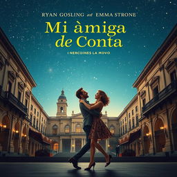 Poster for the movie titled "Mi amiga de Conta" featuring Ryan Gosling as Chadcilio, a student of Economics, and Emma Stone as a student of Accounting at Universidad Nacional Mayor de San Marcos, with stylistic references from La La Land