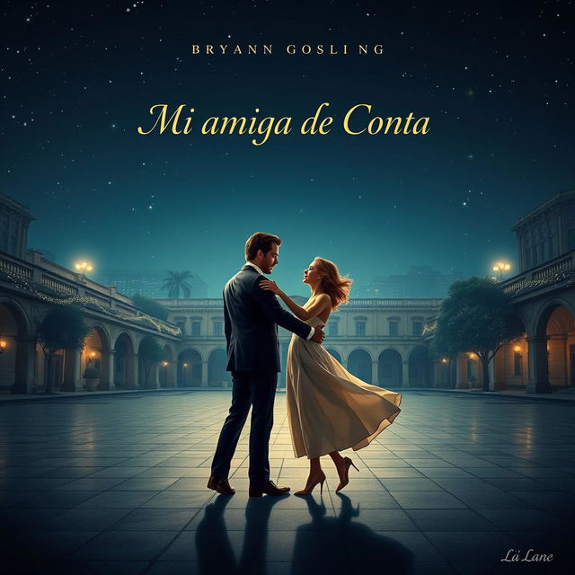 Poster for the movie titled "Mi amiga de Conta" featuring Ryan Gosling as Chadcilio, a student of Economics, and Emma Stone as a student of Accounting at Universidad Nacional Mayor de San Marcos, with stylistic references from La La Land