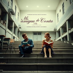 Poster for the movie titled "Mi amiga de Conta" featuring Ryan Gosling as Chadcilio, a student of Economics, and Emma Stone as a student of Accounting at Universidad Nacional Mayor de San Marcos