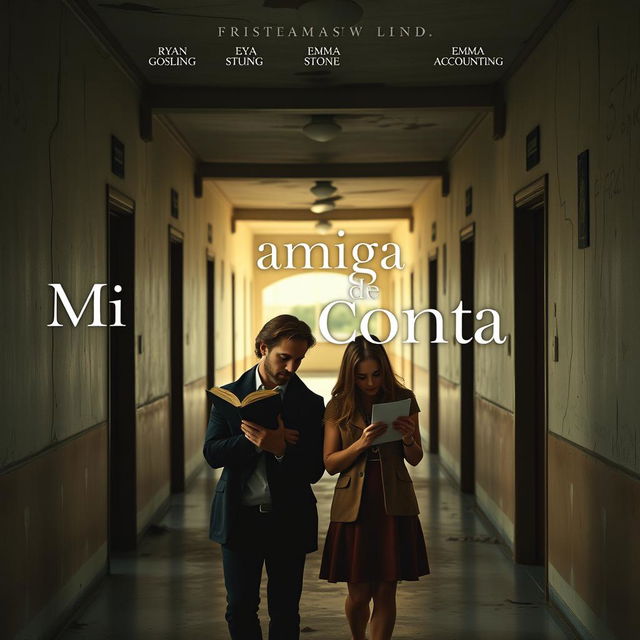 Poster for the movie titled "Mi amiga de Conta" featuring Ryan Gosling as Chadcilio, a student of Economics, and Emma Stone as a student of Accounting, both attending the Universidad de San Marcos in Peru