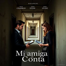 Poster for the movie titled "Mi amiga de Conta" featuring Ryan Gosling as Chadcilio, a student of Economics, and Emma Stone as a student of Accounting, both attending the Universidad de San Marcos in Peru