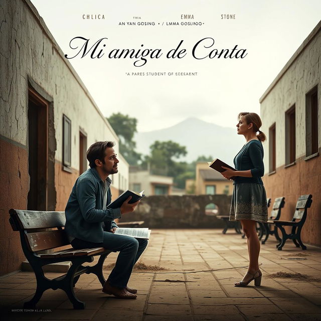 Poster for the film "Mi amiga de Conta" featuring Ryan Gosling as Chadcilio, an economics student, and Emma Stone as an accounting student, both attending San Marcos University in Peru