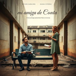 Poster for the film "Mi amiga de Conta" featuring Ryan Gosling as Chadcilio, an economics student, and Emma Stone as an accounting student, both attending San Marcos University in Peru