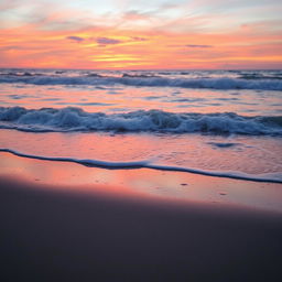 A serene beach scene at sunset, where the gentle waves kiss the sandy shore and create a calming ambiance