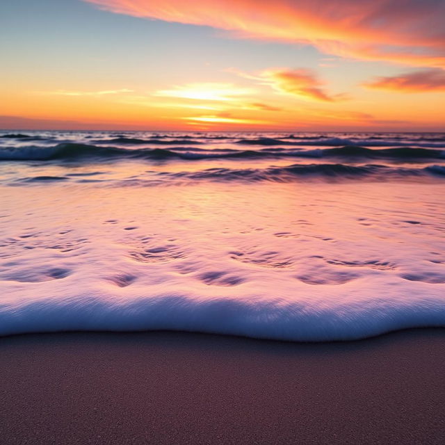 A serene beach scene at sunset, where the gentle waves kiss the sandy shore and create a calming ambiance