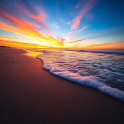 A serene beach scene at sunset, where the gentle waves kiss the sandy shore and create a calming ambiance