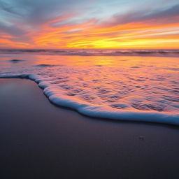 A serene beach scene at sunset, where the gentle waves kiss the sandy shore and create a calming ambiance