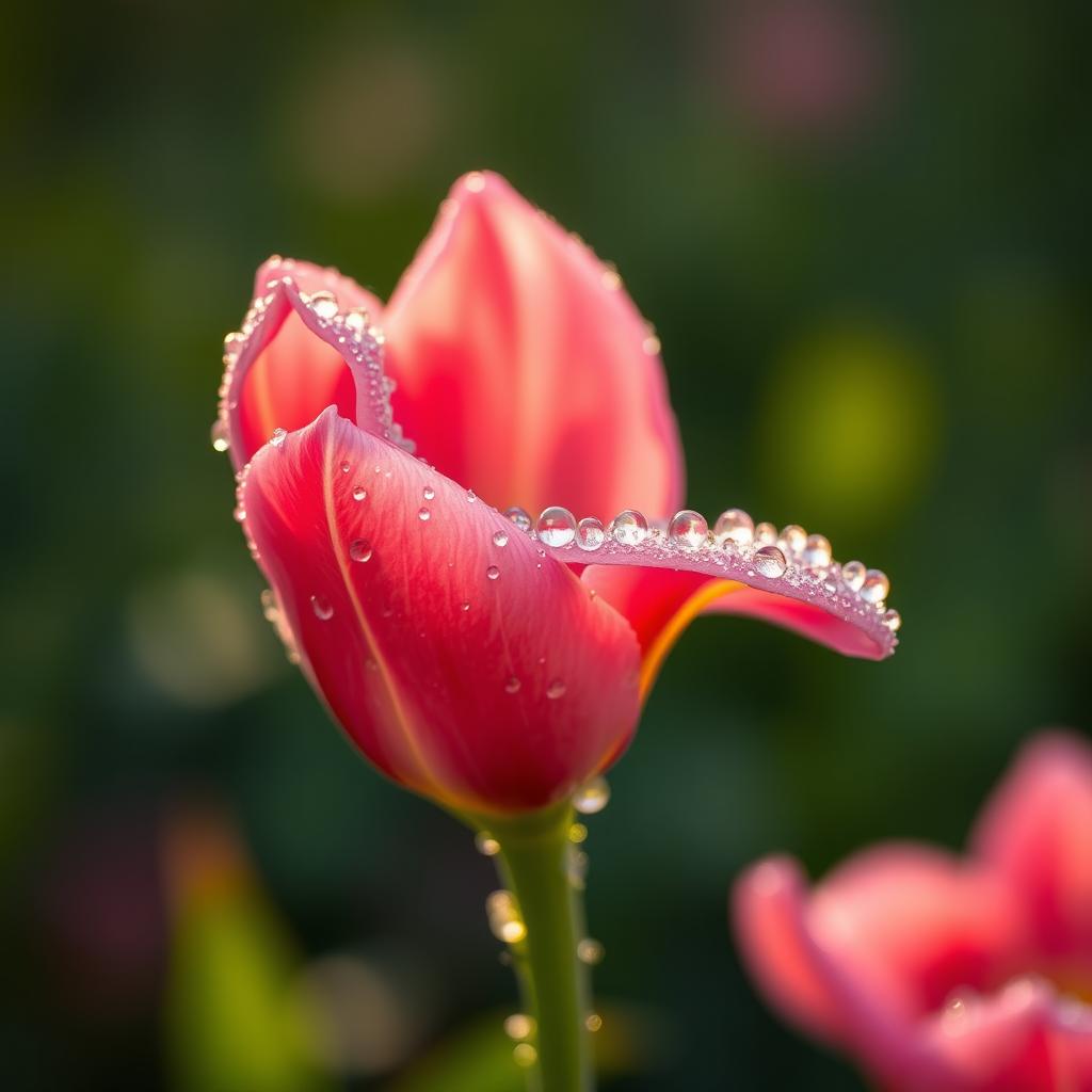 A delicate flower covered in morning dew, glistening in the soft light of dawn