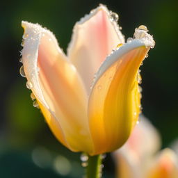 A delicate flower covered in morning dew, glistening in the soft light of dawn