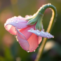 A delicate flower covered in morning dew, glistening in the soft light of dawn