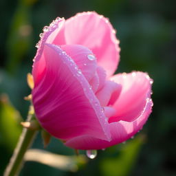 A delicate flower covered in morning dew, glistening in the soft light of dawn