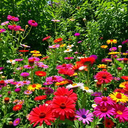 A vibrant garden in full bloom, showcasing a variety of flowers in rich and diverse colors