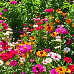 A vibrant garden in full bloom, showcasing a variety of flowers in rich and diverse colors