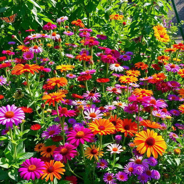 A vibrant garden in full bloom, showcasing a variety of flowers in rich and diverse colors