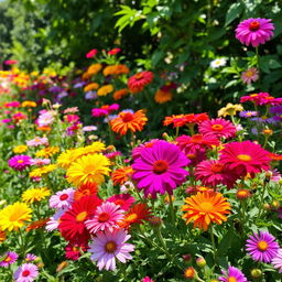 A vibrant garden in full bloom, showcasing a variety of flowers in rich and diverse colors