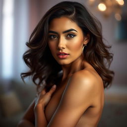 A woman posing with confidence and elegance, emphasizing body positivity, captured skillfully with creative lighting and soft focus