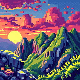 A pixel art rendition of a high-definition image, transforming the intricate details into simplified, colorful squares, maintaining essential elements and composition