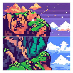 A pixel art rendition of a high-definition image, transforming the intricate details into simplified, colorful squares, maintaining essential elements and composition