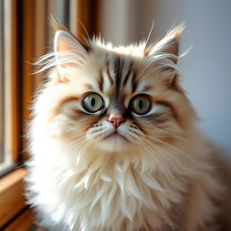 A close-up portrait of a fluffy and adorable Persian cat with big, expressive eyes