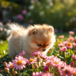 A charming and whimsical scene of a fluffy Pomeranian puppy playing in a flower garden