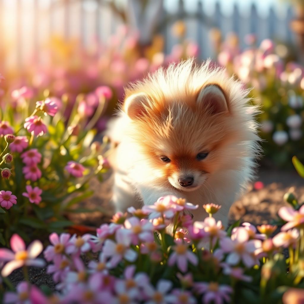 A charming and whimsical scene of a fluffy Pomeranian puppy playing in a flower garden