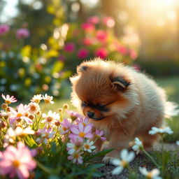 A charming and whimsical scene of a fluffy Pomeranian puppy playing in a flower garden