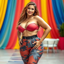 A confident and curvaceous woman confidently showcasing her figure, emphasizing her ample curves in an eye-catching outfit