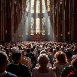 A large group of devout Catholics, men and women, attending a beautiful church service