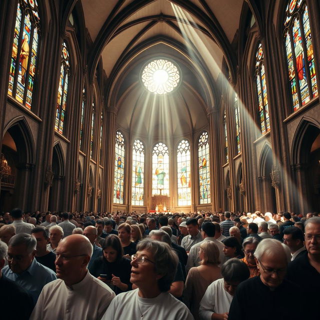 A large group of devout Catholics, men and women, attending a beautiful church service