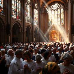 A large group of devout Catholics, men and women, attending a beautiful church service