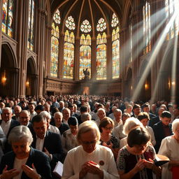 A large group of devout Catholics, men and women, attending a beautiful church service