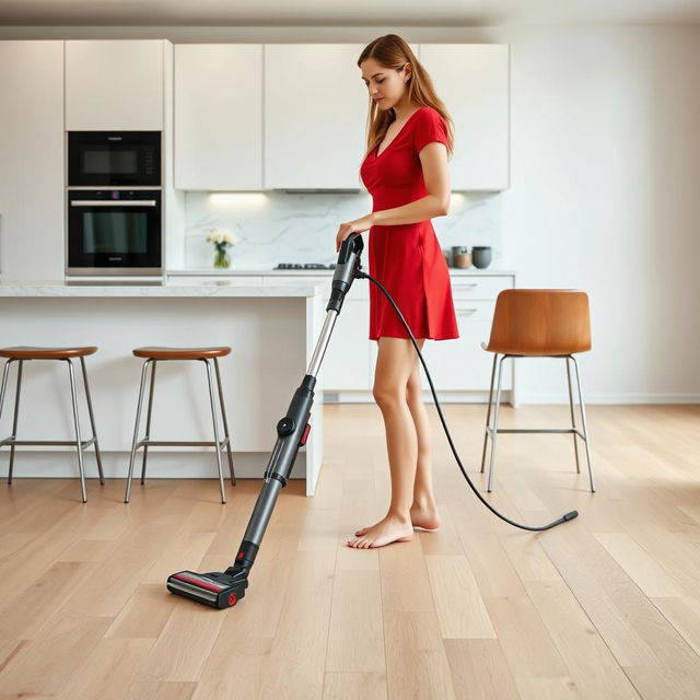 A woman in a short red dress vacuums a modern kitchen with light wooden floors