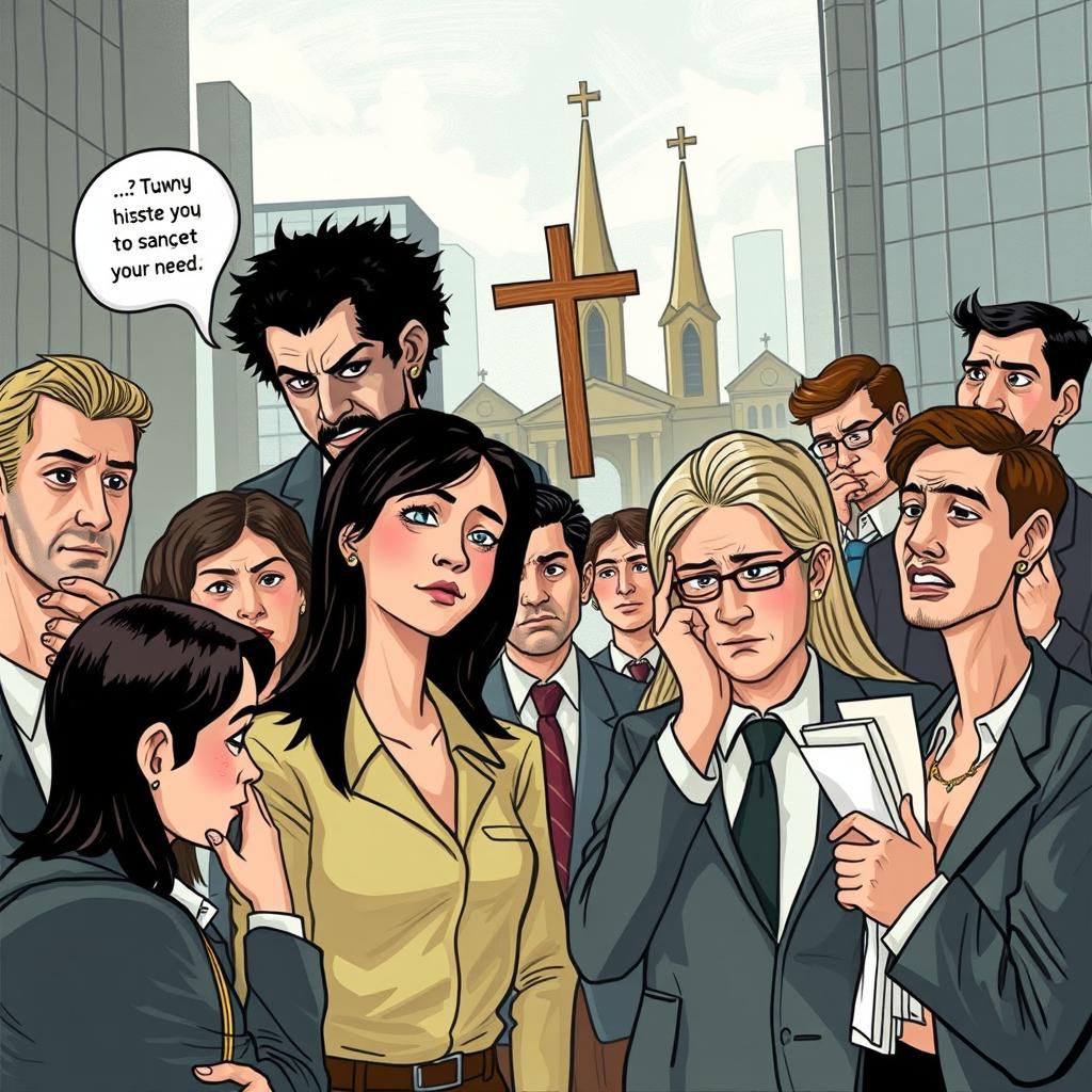 A depiction of people acting in contradiction to Christian values, showcasing behaviors that are traditionally frowned upon in Christianity, such as greed, jealousy, and dishonesty