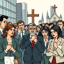 A depiction of people acting in contradiction to Christian values, showcasing behaviors that are traditionally frowned upon in Christianity, such as greed, jealousy, and dishonesty