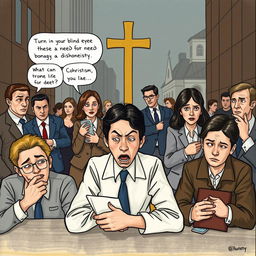 A depiction of people acting in contradiction to Christian values, showcasing behaviors that are traditionally frowned upon in Christianity, such as greed, jealousy, and dishonesty