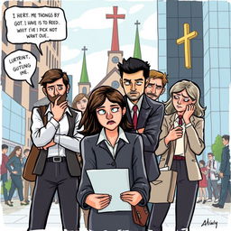 A depiction of people acting in contradiction to Christian values, showcasing behaviors that are traditionally frowned upon in Christianity, such as greed, jealousy, and dishonesty