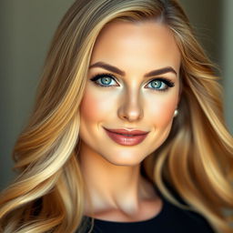 Create a portrait of a woman with long, flowing blonde hair, captivating blue eyes, full lips, and a confident smile