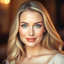 Create a portrait of a woman with long, flowing blonde hair, captivating blue eyes, full lips, and a confident smile