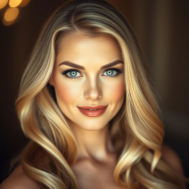 Create a portrait of a woman with long, flowing blonde hair, captivating blue eyes, full lips, and a confident smile